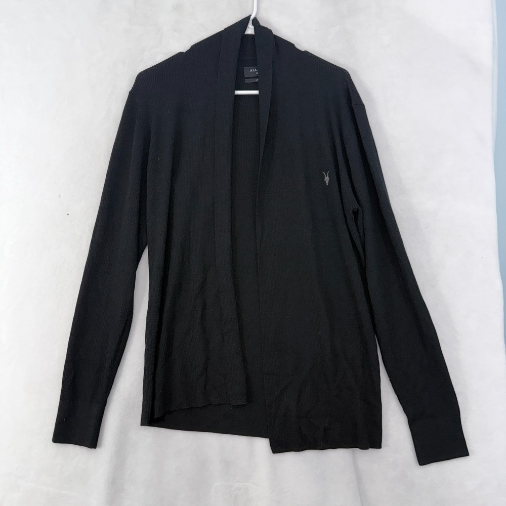 AllSaints Cardigan Mens M Black Merino Wool Stretch Open Front